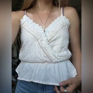 NWT ALL IN FAVOR Wrap Front Spaghetti Strap Blush Peplum Top | SZ S